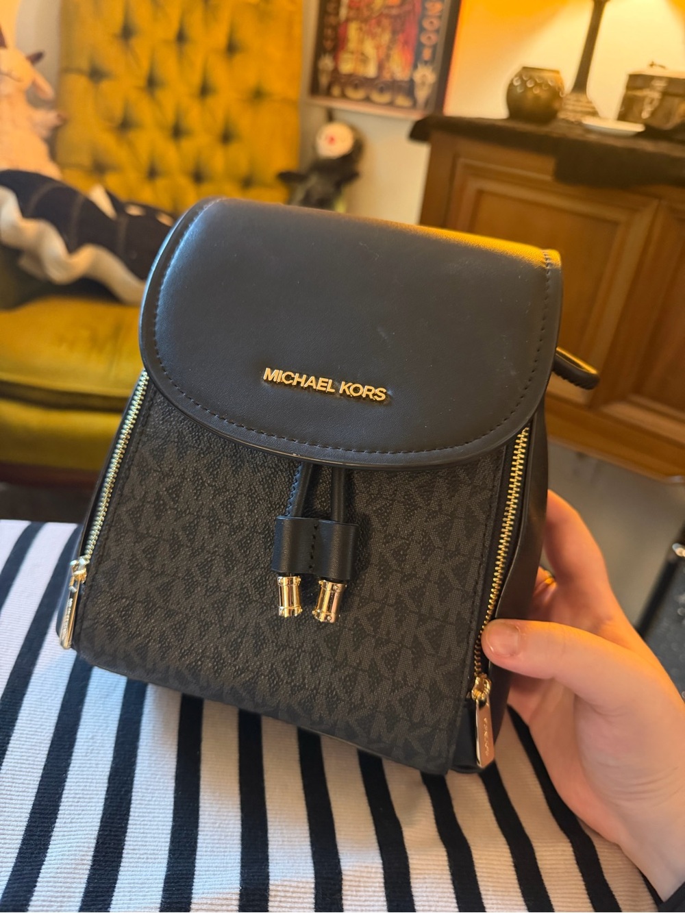 Michael Kors Black Logo Mini Backpack with Gold Hardware
